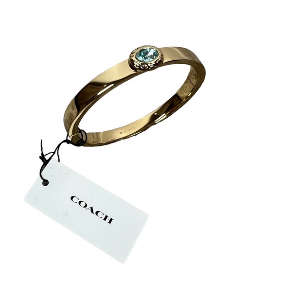 Coach Signature Logo Turquoise Stone Hinged Bangle Gold Tone Bracelet New NWT - Picture 3 of 7